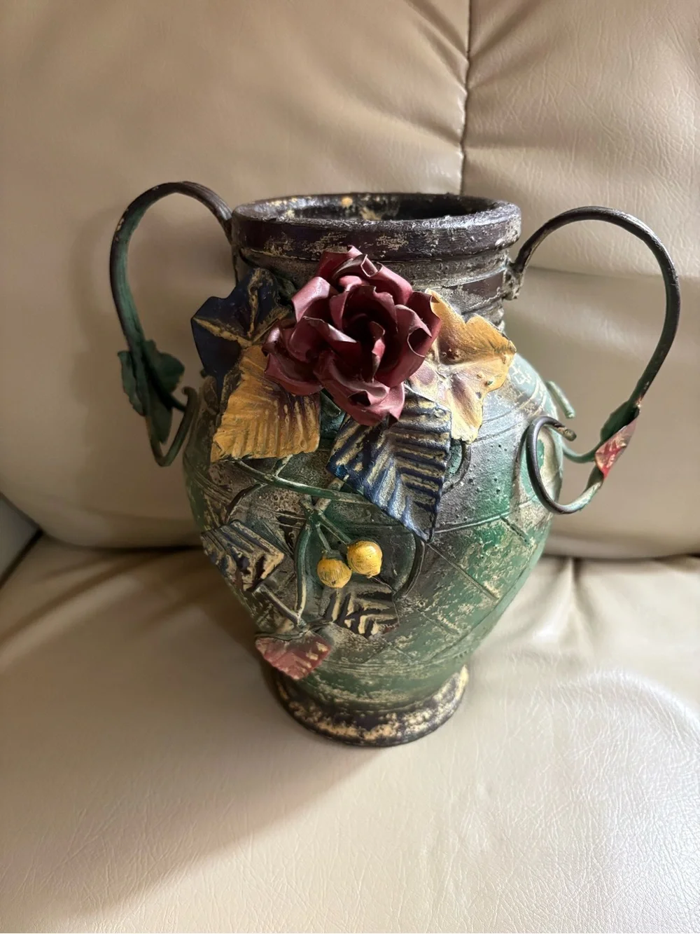 Vintage Verdigris Metal Urn Vase - floral & Ivy with scroll handles